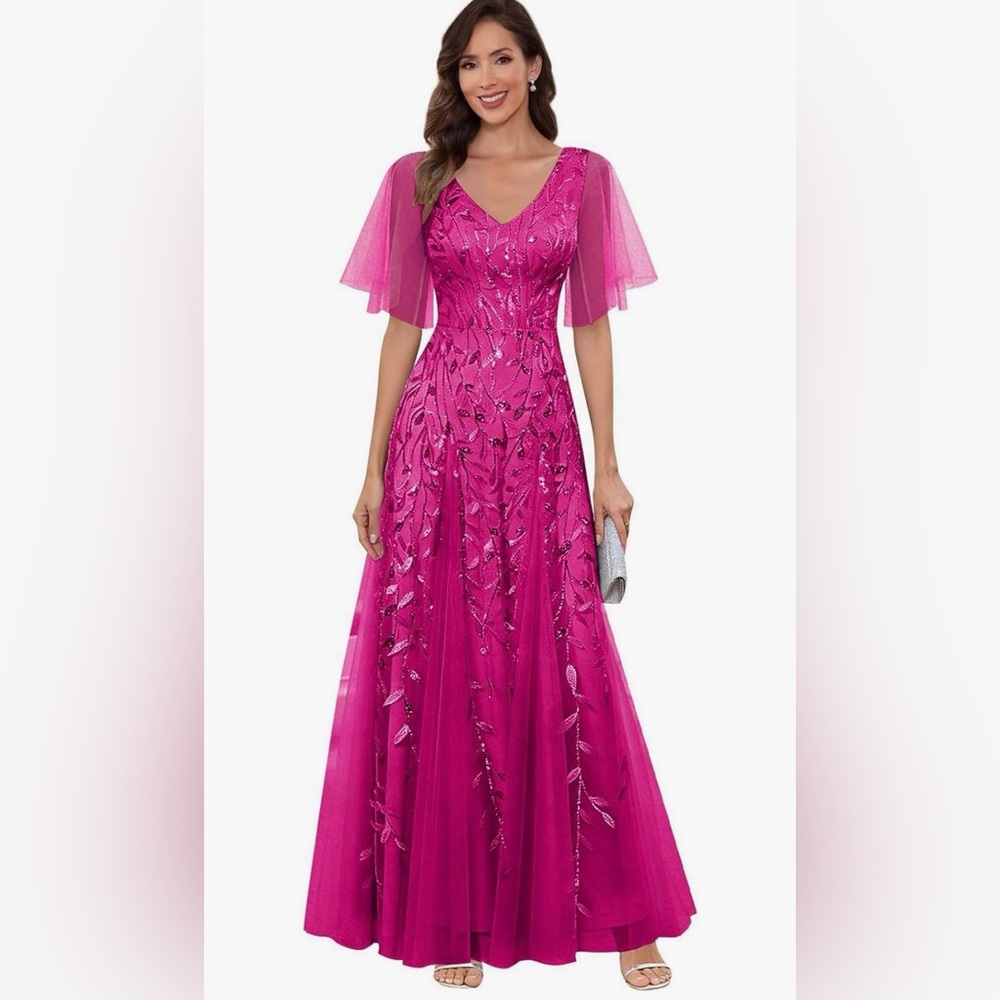 Elegant Fuchsia Embellished Evening Gown